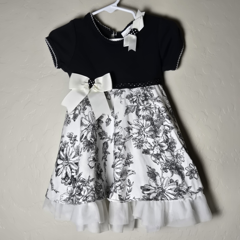 Rare Editions Infant Baby Girl Floral Dress 18M Tulle Bow Black White